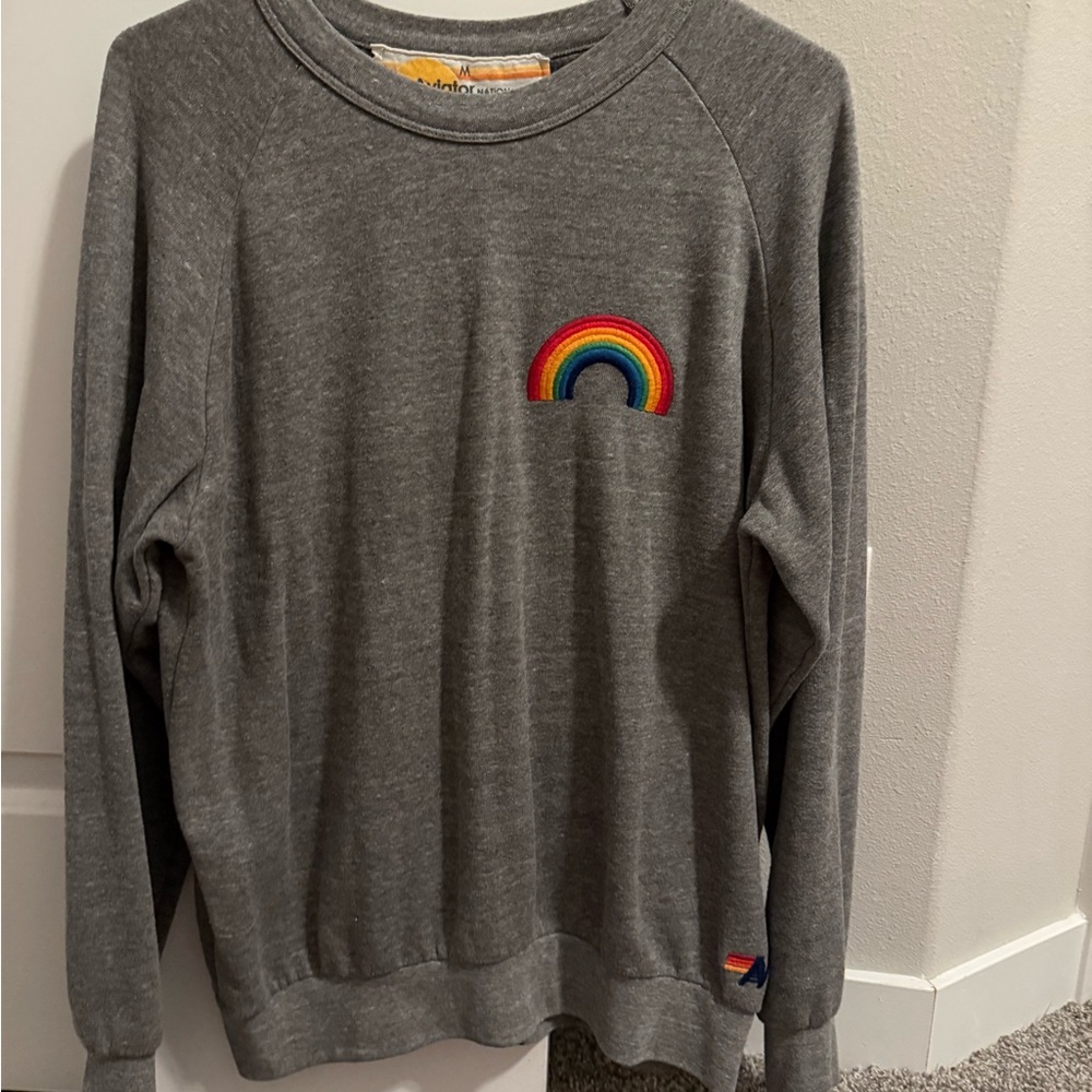 Aviator Nation Gray Crewneck with Rainbow Accent